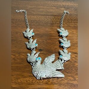 SILVER & TURQUOISE NECKLACE; Bird Pattern Necklace